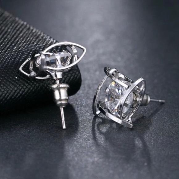 NEW STERLING SILVER 3D CAGE DIAMOND STUD EARRINGS - Picture 6 of 6